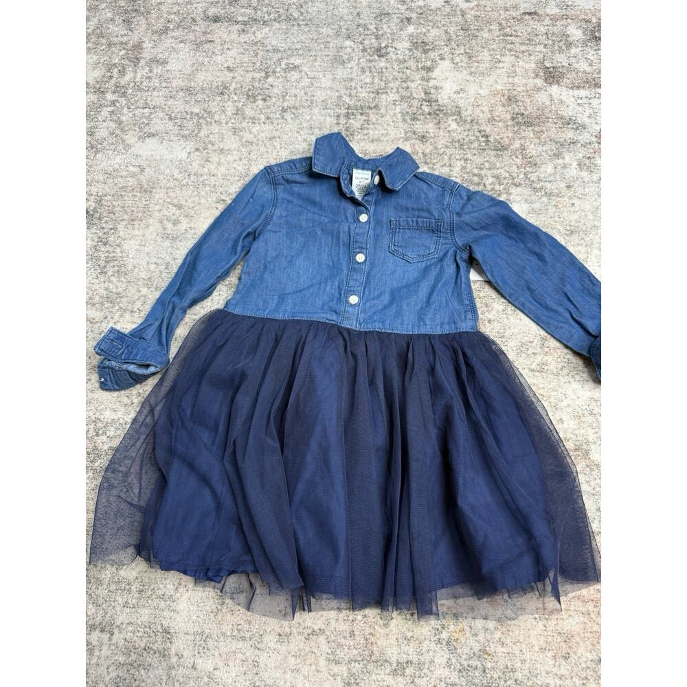 Oshkosh B'gosh Girls Dress Chambray Denim Button Down Navy Tulle Tutu Size 2T